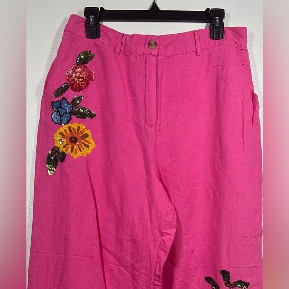 Boston Proper Floral Embellished Linen Pant Pink Multi Colored Sequins Size 12 - Picture 3 of 11